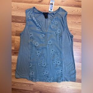 Women's RXB Tunic Shirt Blouse Blue Gray Sleeveless Split Neck Large NEW